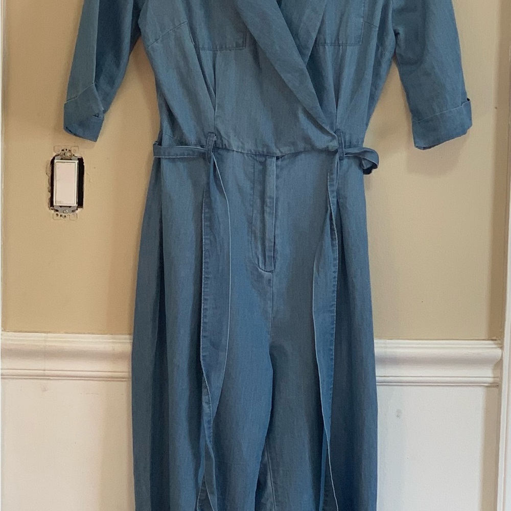 Iris Denim Wrap Jumpsuit Women’s Medium Tie Waist Belt 3/4 Sleeve